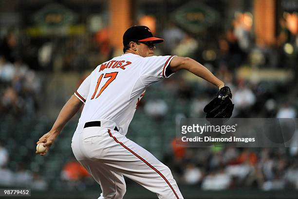 Pitcher Brian Matusz of the Baltimore Orioles throws a pitch during the top of the first inning of a game on April 29, 2010 against the New York...