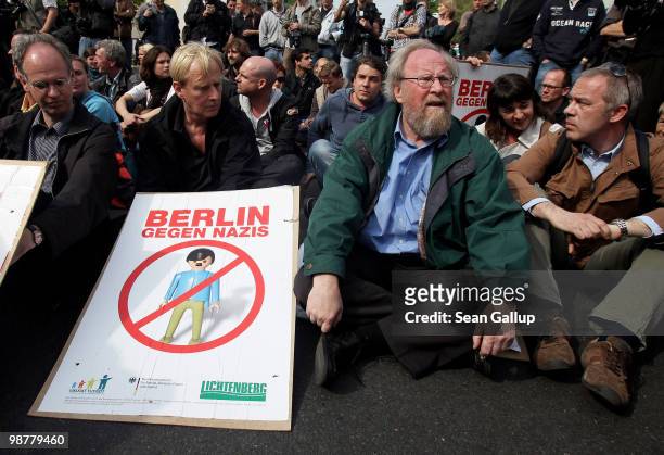 German Social Democrat Wolfgang Thierse joins a sit-in blockade to stop neo-Nazis from marching on May 1, 2010 in Berlin, Germany. Several hundred...