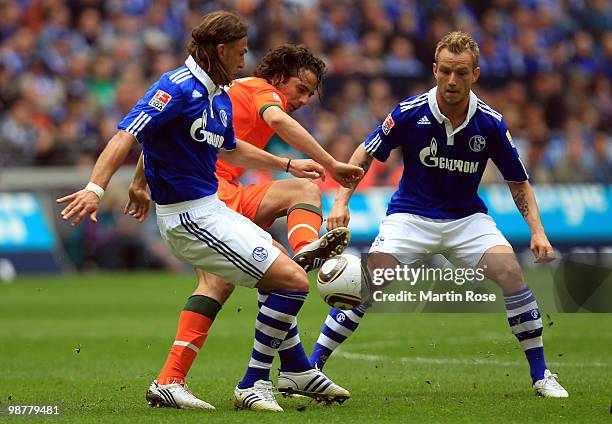 Marcelo Bordon of Schalke and Claudio Pizarro of Bremen battle for the ball during the Bundesliga match between FC Schalke 04 and Werder Bremen at...