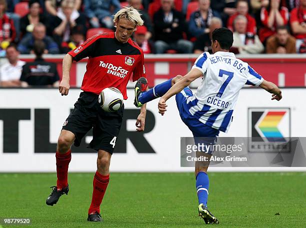 Sami Hyypiae of Leverkusen is challenged by Cicero of Berlin during the Bundesliga match between Bayer Leverkusen and Hertha BSC Berlin at the...