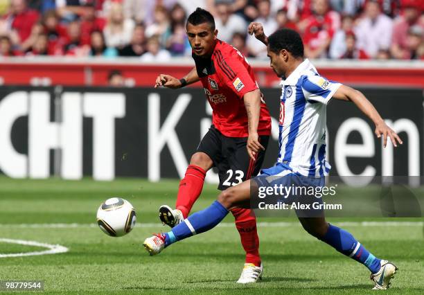 Arturo Vidal of Leverkusen is challenged by Raffael of Berlin during the Bundesliga match between Bayer Leverkusen and Hertha BSC Berlin at the...