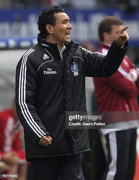 Head coach Ricardo Moniz of Hamburg gestures during the Bundesliga match between Hamburger SV and 1. FC Nuernberg at HSH Nordbank Arena on May 1,...