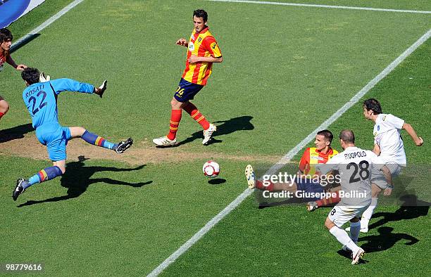 Davide Bombardini of Albinoleffe scores the opening goal during the Serie B match between US Lecce and AC AlbinoLeffe at Stadio Via del Mare on May...