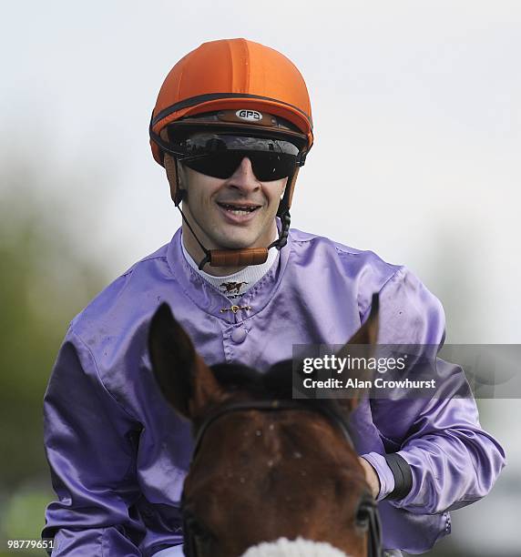 Christophe Lemaire smiles after riding Makfi to victory in The Stanjames.com 2000 Guineas at Newmarket racecourse on May 01, 2010 in Newmarket,...