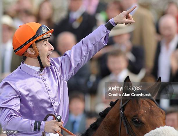 Christophe Lemaire celebrtaes after riding Makfi to victory in The Stanjames.com 2000 Guineas at Newmarket racecourse on May 01, 2010 in Newmarket,...