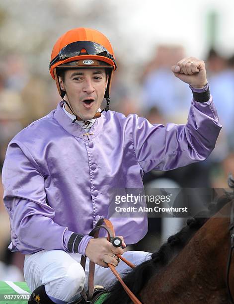 Christophe Lemaire celebrates after riding Makfi to victory in The Stanjames.com 2000 Guineas at Newmarket racecourse on May 01, 2010 in Newmarket,...