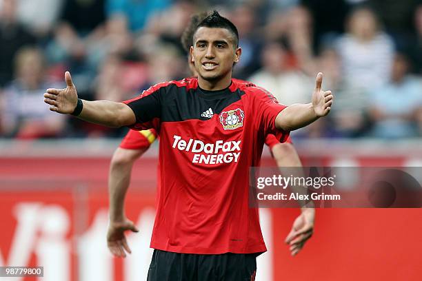 Arturo Vidal of Leverkusen reacts during the Bundesliga match between Bayer Leverkusen and Hertha BSC Berlin at the BayArena on May 1, 2010 in...