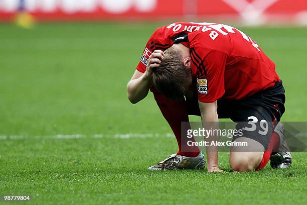 Toni Kroos of Leverkusen reacts during the Bundesliga match between Bayer Leverkusen and Hertha BSC Berlin at the BayArena on May 1, 2010 in...