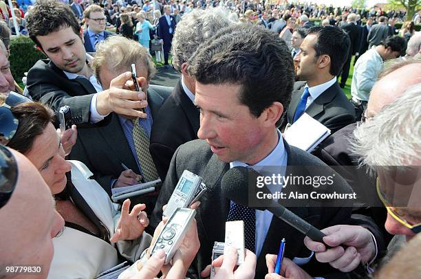 Delighted Mikel Delzangles talks to the press after his horse Makfi won The Stanjames 2000 Guineas Stakes at Newmarket racecourse on May 01, 2010 in...