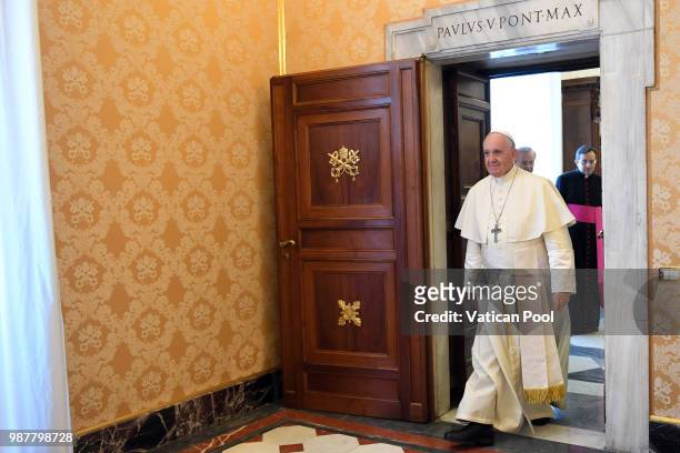 Pope Francis attends an audience with the Bolivian President Evo Morales at the Apostolic Palace on June 30, 2018 in Vatican City, Vatican. On...
