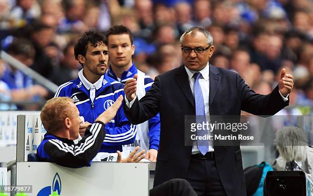 Felix Magath, head coach of Schalke reacts during the Bundesliga match between FC Schalke 04 and Werder Bremen at Veltins Arena May 1, 2010 in...