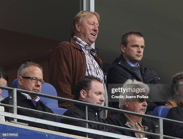 Former HSV player and youth trainer at the DFB Horst Hrubesch is seen on the tribune during the Bundesliga match between Hamburger SV and 1. FC...