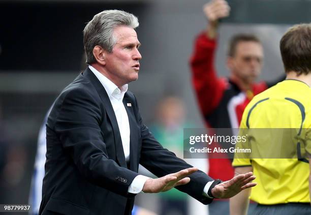 Head coach Jupp Heynckes of Leverkusen gestures during the Bundesliga match between Bayer Leverkusen and Hertha BSC Berlin at the BayArena on May 1,...