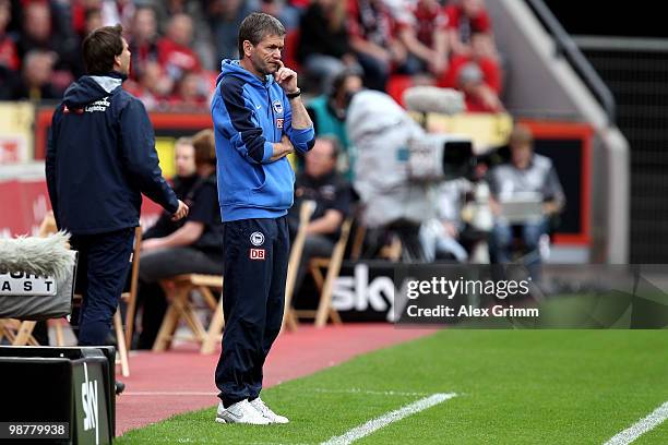 Head coach Friedhelm Funkel of Berlin reacts during the Bundesliga match between Bayer Leverkusen and Hertha BSC Berlin at the BayArena on May 1,...