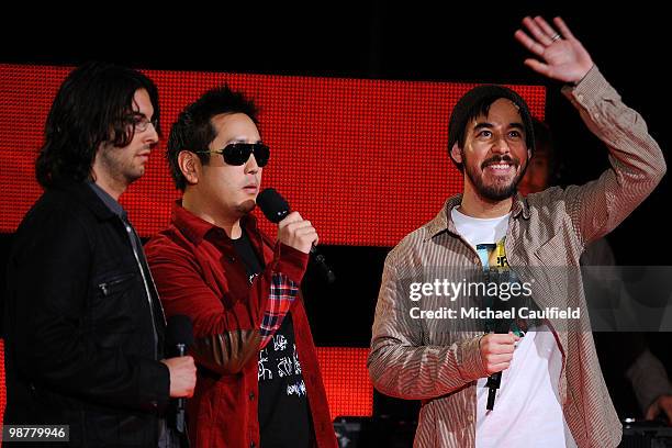 Musicians Rob Bourdon, Joe Hahn, and Mike Shinoda of Linkin Park speak onstage during The GRAMMY Nominations Concert Live! at the Club Nokia on...