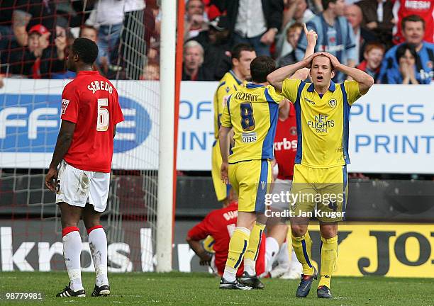 Michael Doyle of Leeds reacts after a near miss at goal during the Coca Cola League One match between Charlton Athletic and Leeds United at The...