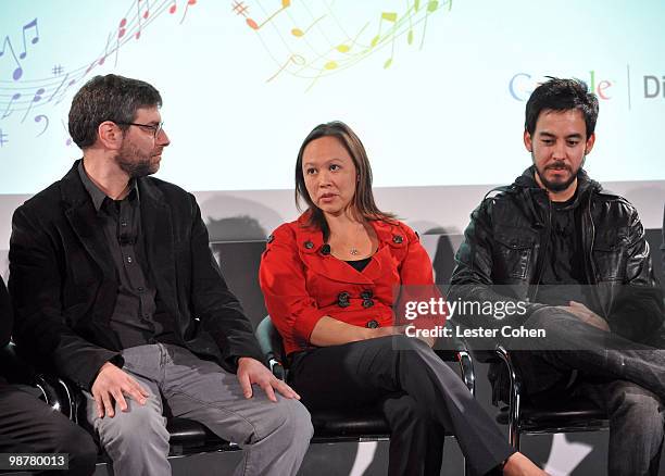 Music's Syd Schwartz, Universal Music Group's Wendy Nussbaum and Mike Shinoda of Linkin Park attend the Google and MySpace Invite You To Discover...