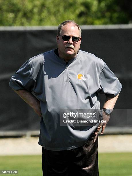 President Mike Holmgren of the Cleveland Browns watches players go through drills during the team's rookie and free agent mini camp on April 30, 2010...