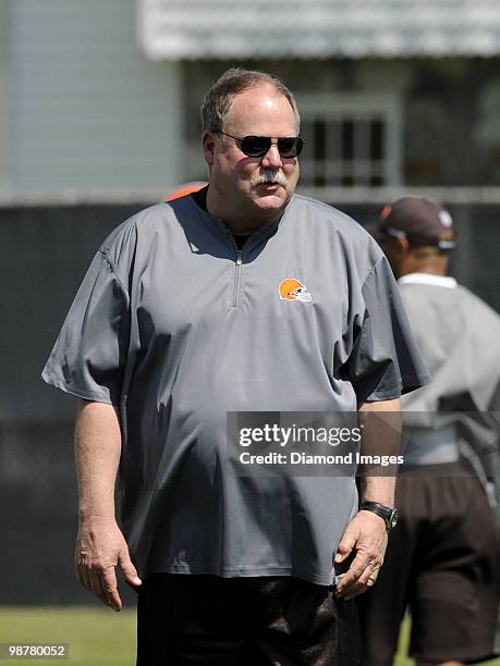 President Mike Holmgren of the Cleveland Browns watches players go through drills during the team's rookie and free agent mini camp on April 30, 2010...