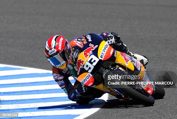 Red Bull Ajo Motorsport Team's Spanish Marc Marquez takes a curve during the 125cc qualifying session at Jerez de la Frontera's circuit on May 1,...