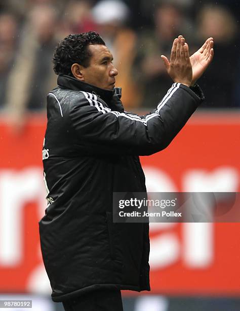 Head coach Ricardo Moniz of Hamburg gestures after the Bundesliga match between Hamburger SV and 1. FC Nuernberg at HSH Nordbank Arena on May 1, 2010...