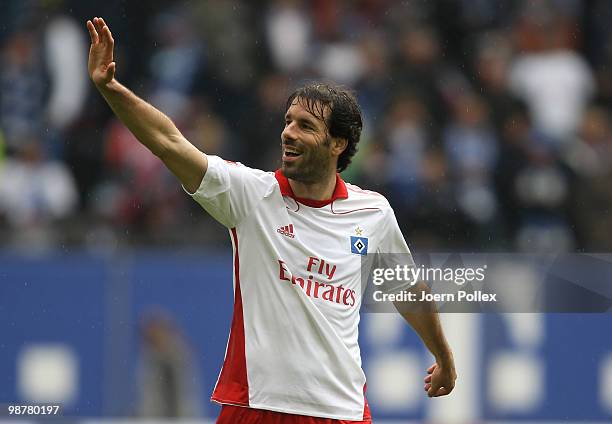 Ruud van Nistelrooy of Hamburg celebrates after the Bundesliga match between Hamburger SV and 1. FC Nuernberg at HSH Nordbank Arena on May 1, 2010 in...