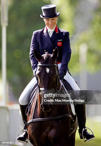 Zara Phillips warming-up on her horse 'Glenbuck' prior to competing in the dressage phase of the Badminton Horse Trials on May 1, 2010 in Badminton,...