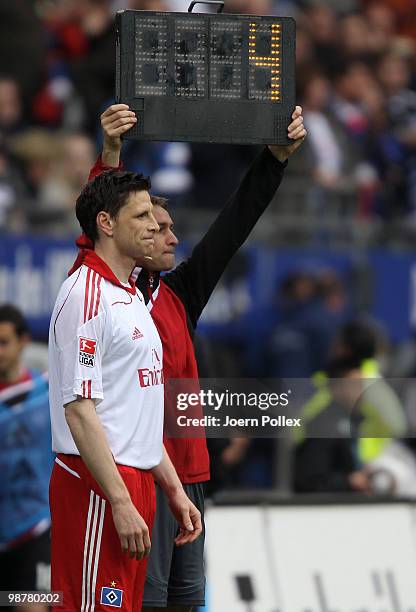 Bastian Reinhardt of Hamburg is seen during the Bundesliga match between Hamburger SV and 1. FC Nuernberg at HSH Nordbank Arena on May 1, 2010 in...