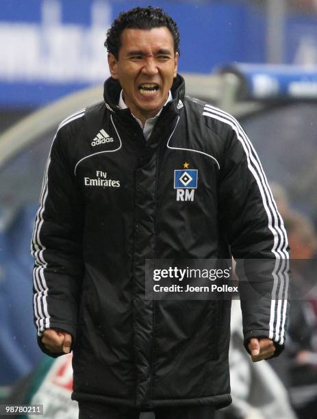 Head coach Ricardo Moniz of Hamburg gestures during the Bundesliga match between Hamburger SV and 1. FC Nuernberg at HSH Nordbank Arena on May 1,...