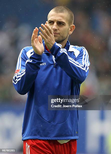 Mladen Petric of Hamburg celebrates after the Bundesliga match between Hamburger SV and 1. FC Nuernberg at HSH Nordbank Arena on May 1, 2010 in...