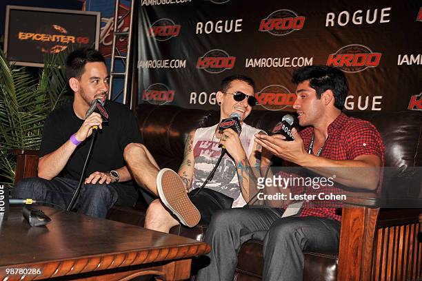 Musicians Mike Shinoda and Chester Bennington of Linkin Park with Psycho Mike backstage at KROQ's Epicenter '09: Presented By Rogue at the Fairplex...