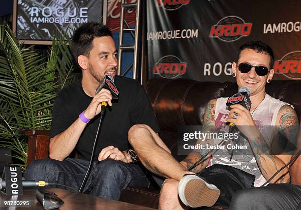 Musicians Mike Shinoda and Chester Bennington of Linkin Park backstage at KROQ's Epicenter '09: Presented By Rogue at the Fairplex on August 22, 2009...