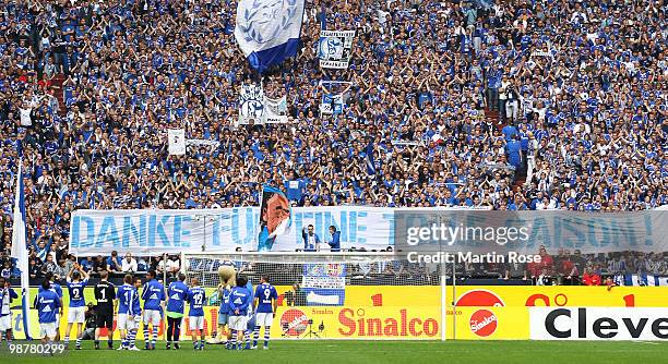 The team of Schalke celebrates in front of their fans after the Bundesliga match between FC Schalke 04 and Werder Bremen at Veltins Arena May 1, 2010...