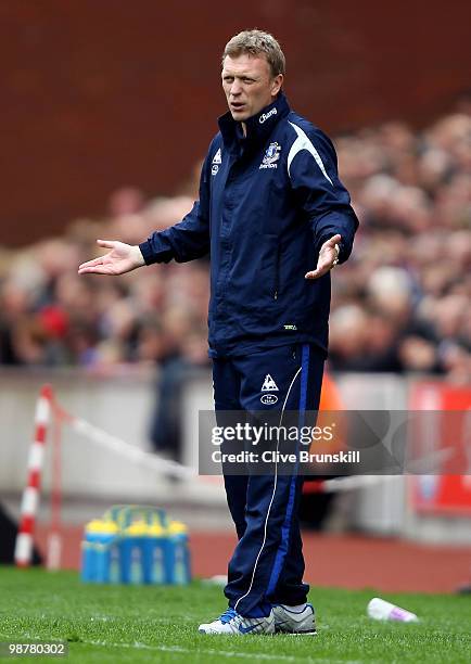 Everton manager David Moyes shows his emotions during the Barclays Premier League match between Stoke City and Everton at Britannia Stadium on May 1,...