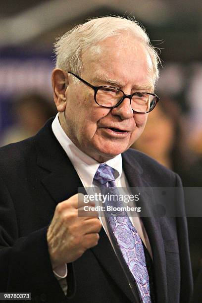 Warren Buffett, chief executive officer of Berkshire Hathaway, speaks during a television interview prior to the Berkshire Hathaway annual meeting in...