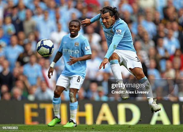 Carlos Tevez of Manchester City takes a shot on goal during the Barclays Premier League match between Manchester City and Aston Villa at the City of...