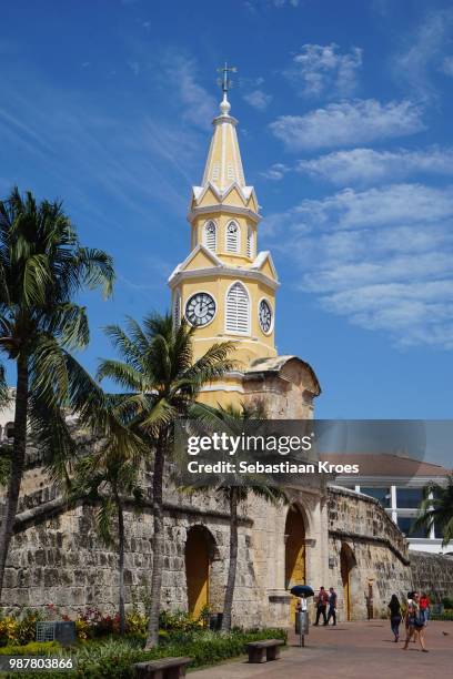 clock tower and palmtrees, tropical cartagena, colombia - sebastiaan kroes stock pictures, royalty-free photos & images