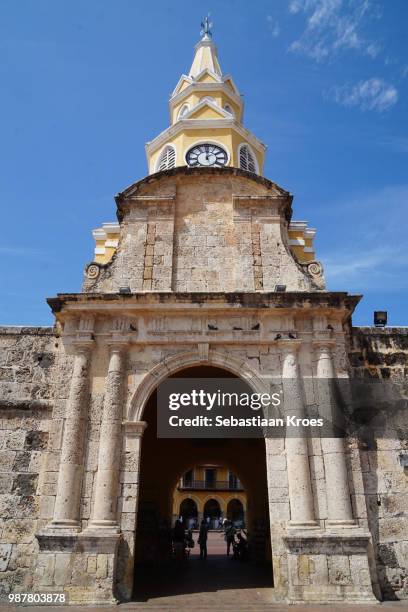 close up on the torre del reloj, tower, cartagena colombia - sebastiaan kroes stock pictures, royalty-free photos & images