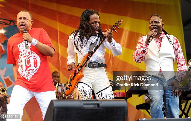 Earth, Wind & Fire founding members Ralph Johnson, Verdine White and Philip Bailey perform at the 2010 New Orleans Jazz & Heritage Festival Presented...