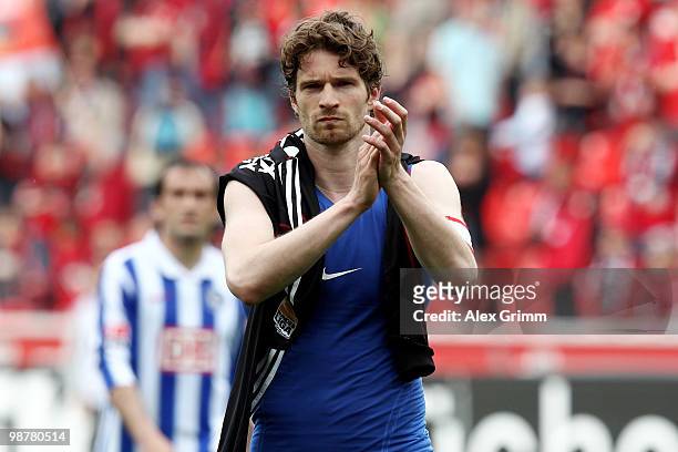 Arne Friedrich of Berlin reacts after the Bundesliga match between Bayer Leverkusen and Hertha BSC Berlin at the BayArena on May 1, 2010 in...