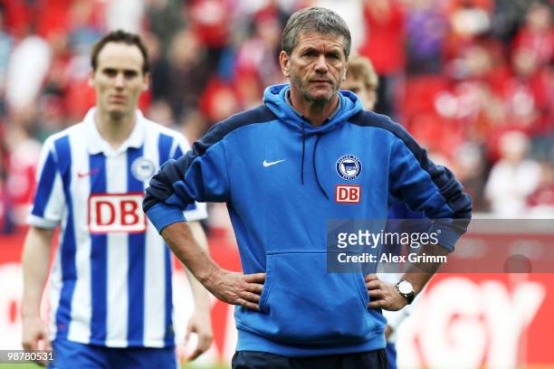 Head coach Friedhelm Funkel reacts after the Bundesliga match between Bayer Leverkusen and Hertha BSC Berlin at the BayArena on May 1, 2010 in...