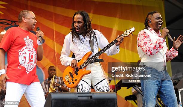 Earth, Wind & Fire founding members Ralph Johnson, Verdine White and Philip Bailey perform at the 2010 New Orleans Jazz & Heritage Festival Presented...