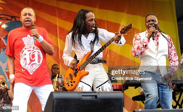 Earth, Wind & Fire founding members Ralph Johnson, Verdine White and Philip Bailey perform at the 2010 New Orleans Jazz & Heritage Festival Presented...