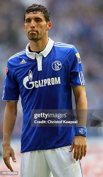 Kevin Kuranyi of Schalke looks dejected after losing 0-2 the Bundesliga match between FC Schalke 04 and SV Werder Bremen at Veltins Arena on May 1,...