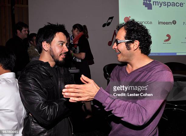 Mike Shinoda of Linkin Park and SVP of Business Development, MySpace Ali Partovi attend the Google and MySpace Invite You To Discover Music! Press...