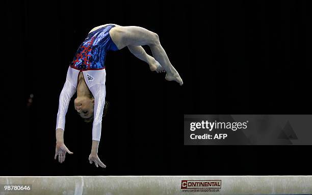 France's Pauline Morel performs on the beam during the women seniors team final, in the European Artistic Gymnastics Championships 2010, at the...