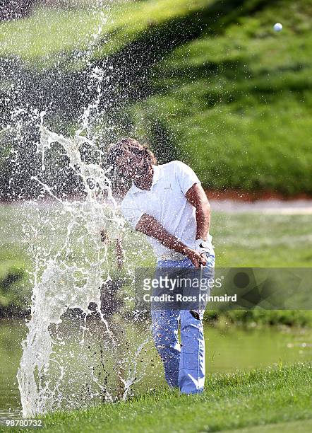 Johan Edfors of Sweden plays from the water on ther par five 16th hole during the third round of the Open de Espana at the Real Club de Golf de...