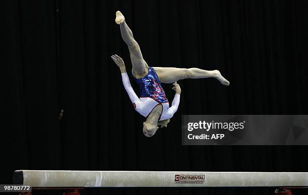 France's Marine Brevet performs on the beam during the women seniors team final, in the European Artistic Gymnastics Championships 2010, at the...