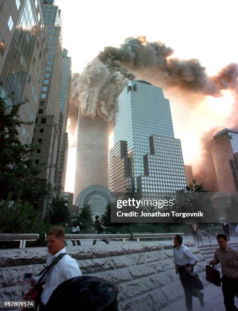 Tower number one of the World Trade Center collapsing September 11, 2001 in New York, NY