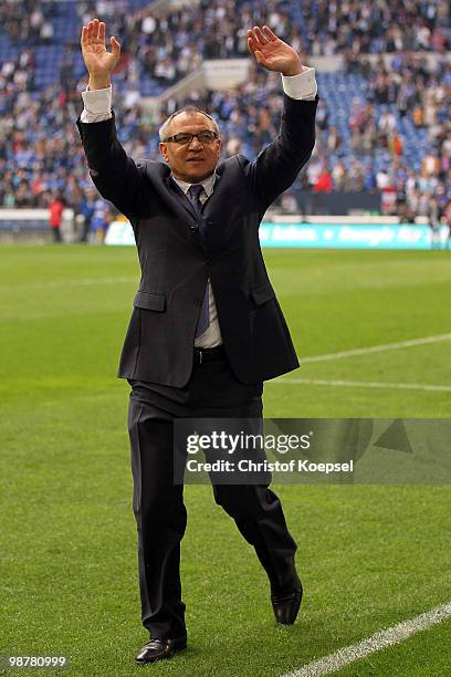 Head coach Felix Magath of Schalke celebrates after the Bundesliga match between FC Schalke 04 and SV Werder Bremen at Veltins Arena on May 1, 2010...